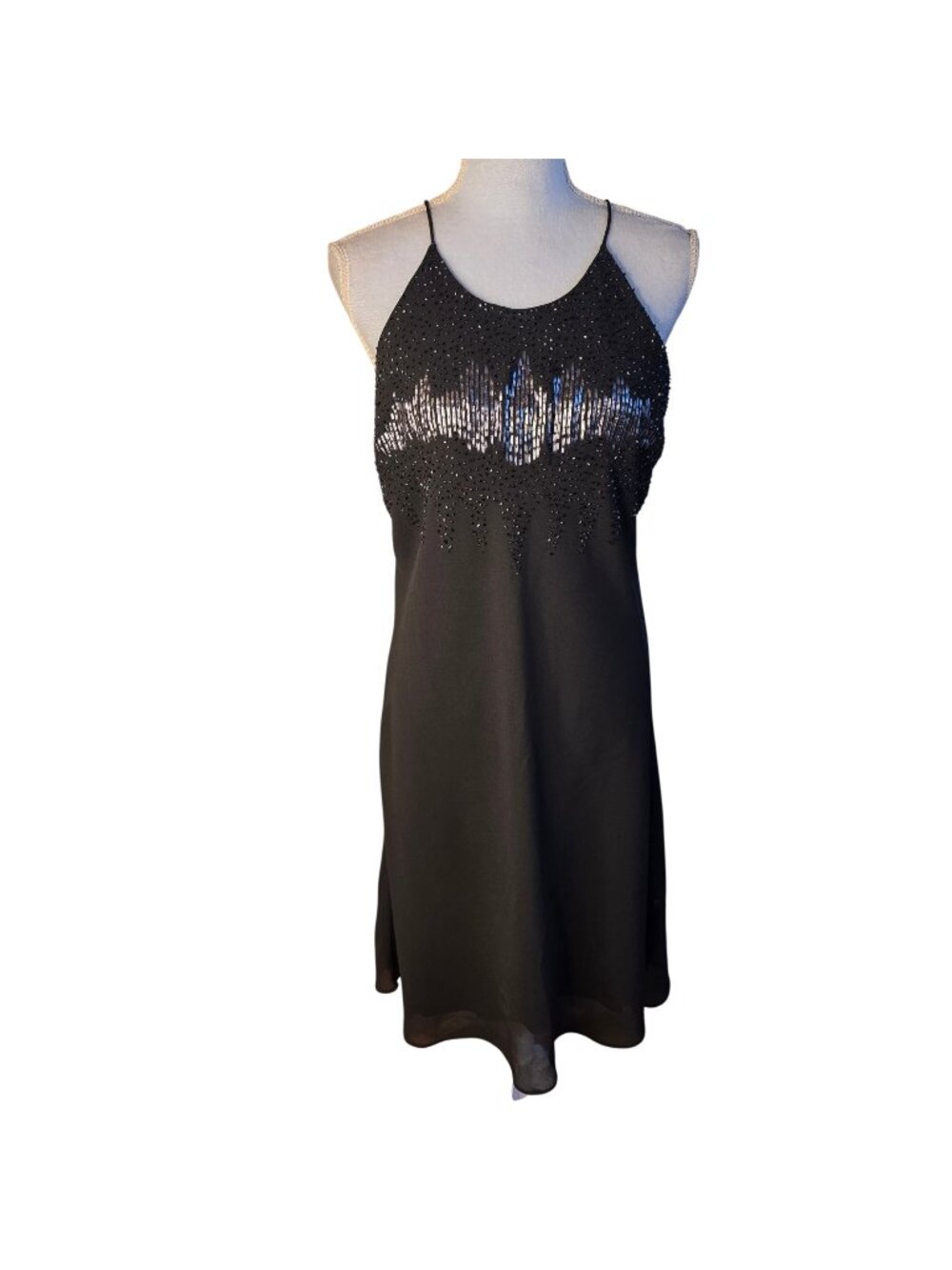 Cachet Black Beaded Halter Mini Dress Y2K Going Out Cocktail Whimsigoth Sz M